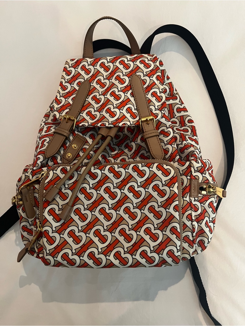 Burberry Monogram Canvas Backpack in Red, Cream & Tan Trim